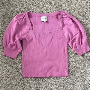 Pink Rose Pink Ribbed Puff Sleeve Top